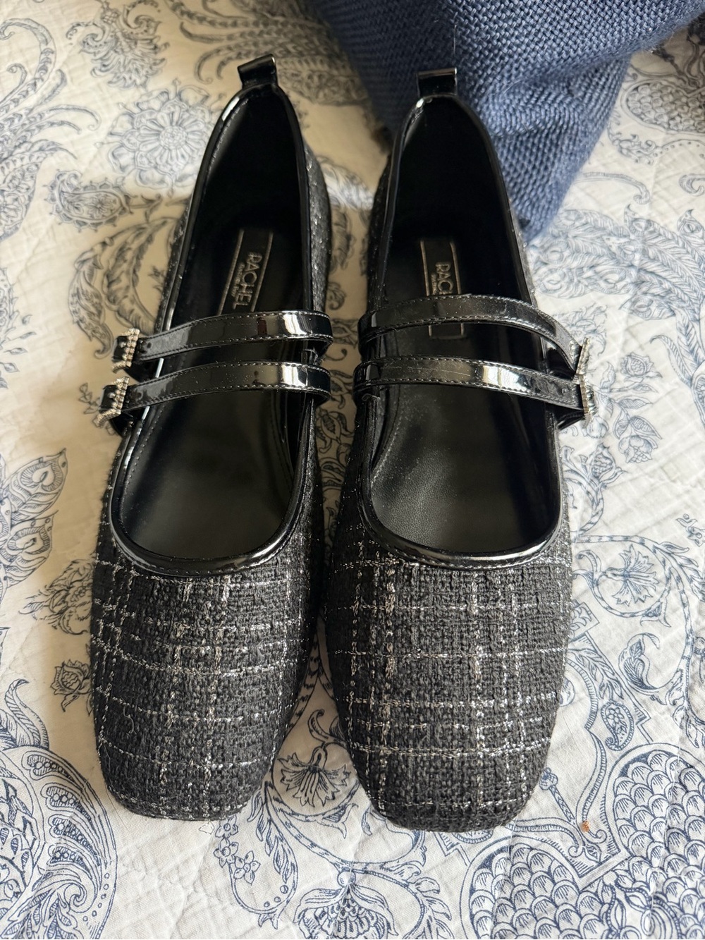 RACHEL Rachel Roy Black Tweed Mary Jane Flats with Patent Double Straps